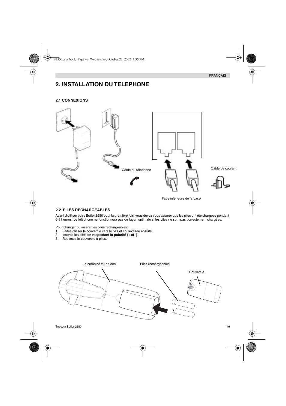 Installation du telephone | Topcom BUTLER 2550 User Manual | Page 49 / 92