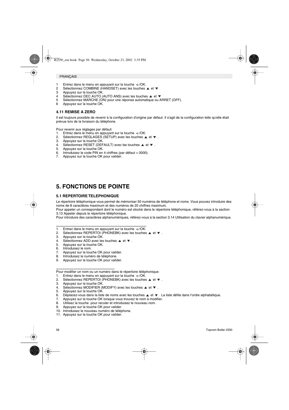 Fonctions de pointe | Topcom BUTLER 2550 User Manual | Page 56 / 92