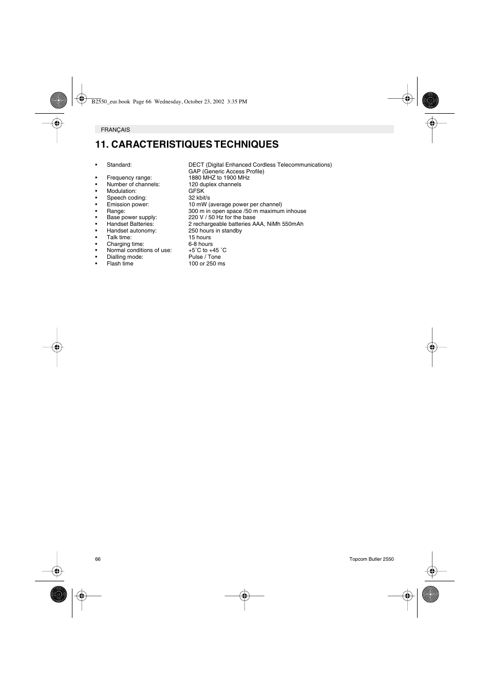 Caracteristiques techniques | Topcom BUTLER 2550 User Manual | Page 66 / 92