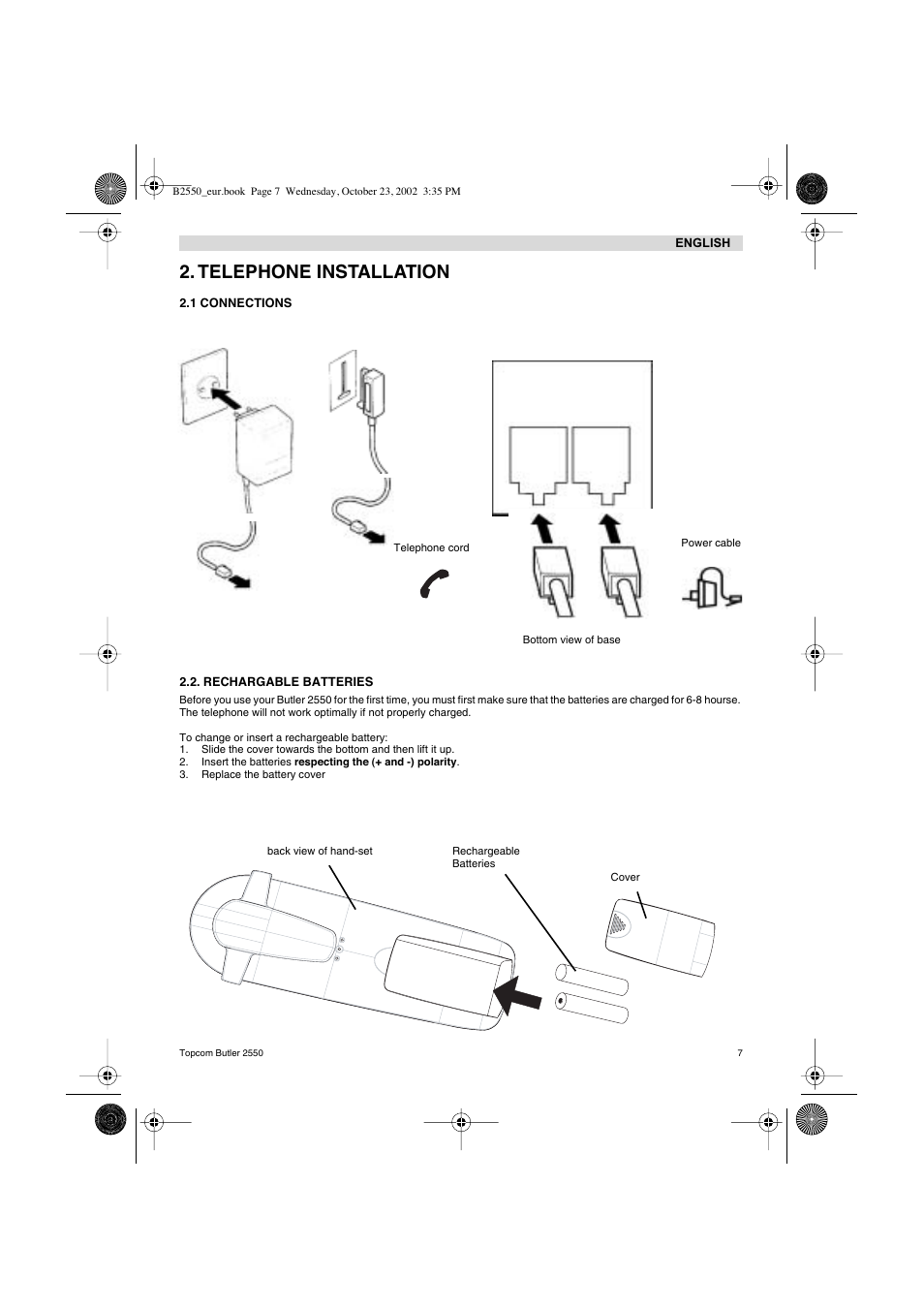 Telephone installation | Topcom BUTLER 2550 User Manual | Page 7 / 92