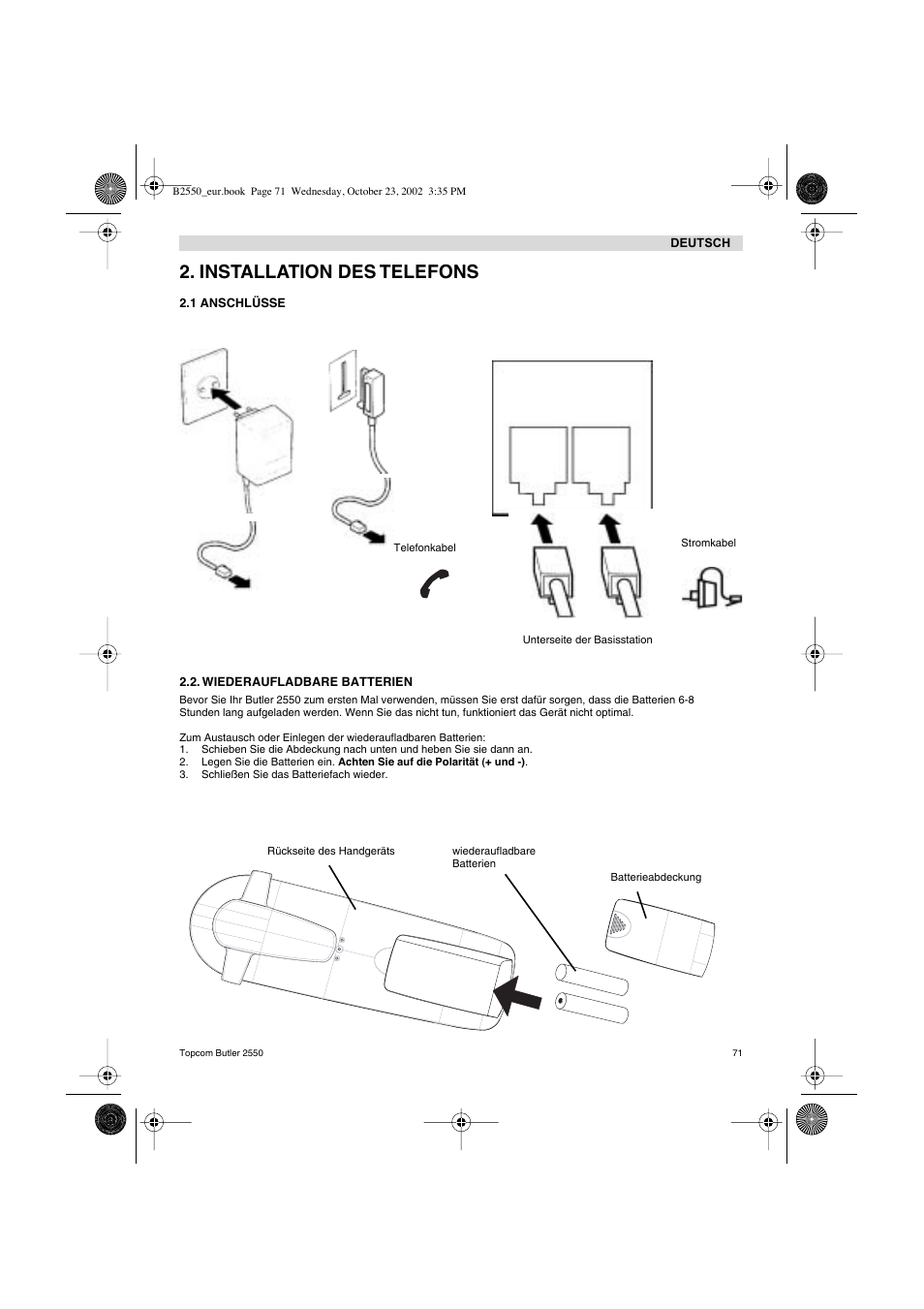 Installation des telefons | Topcom BUTLER 2550 User Manual | Page 71 / 92
