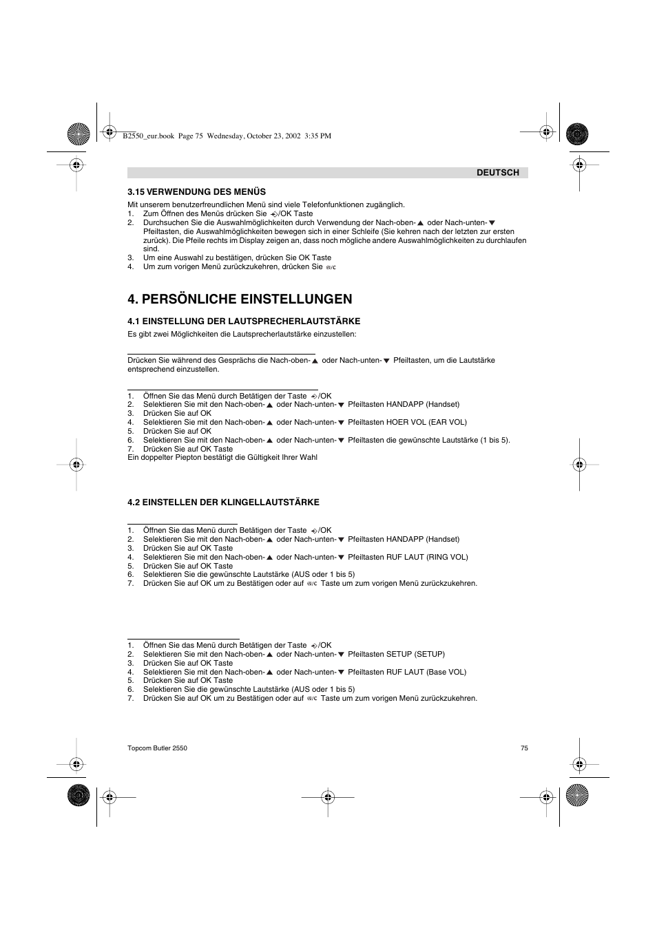 Persönliche einstellungen | Topcom BUTLER 2550 User Manual | Page 75 / 92