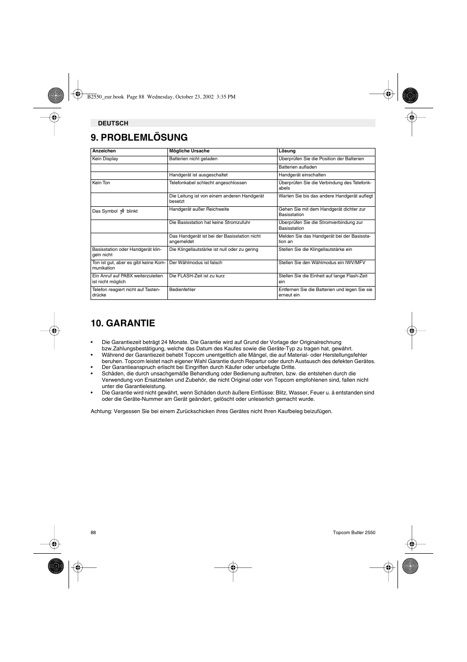 Problemlösung 10. garantie | Topcom BUTLER 2550 User Manual | Page 88 / 92