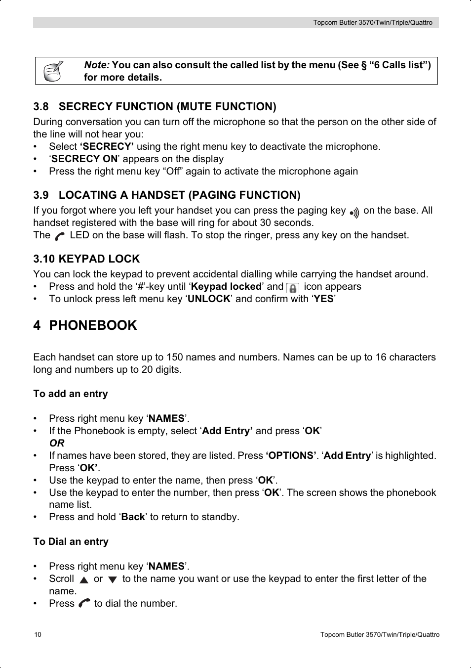 4 phonebook | Topcom BUTLER 3570 User Manual | Page 10 / 28