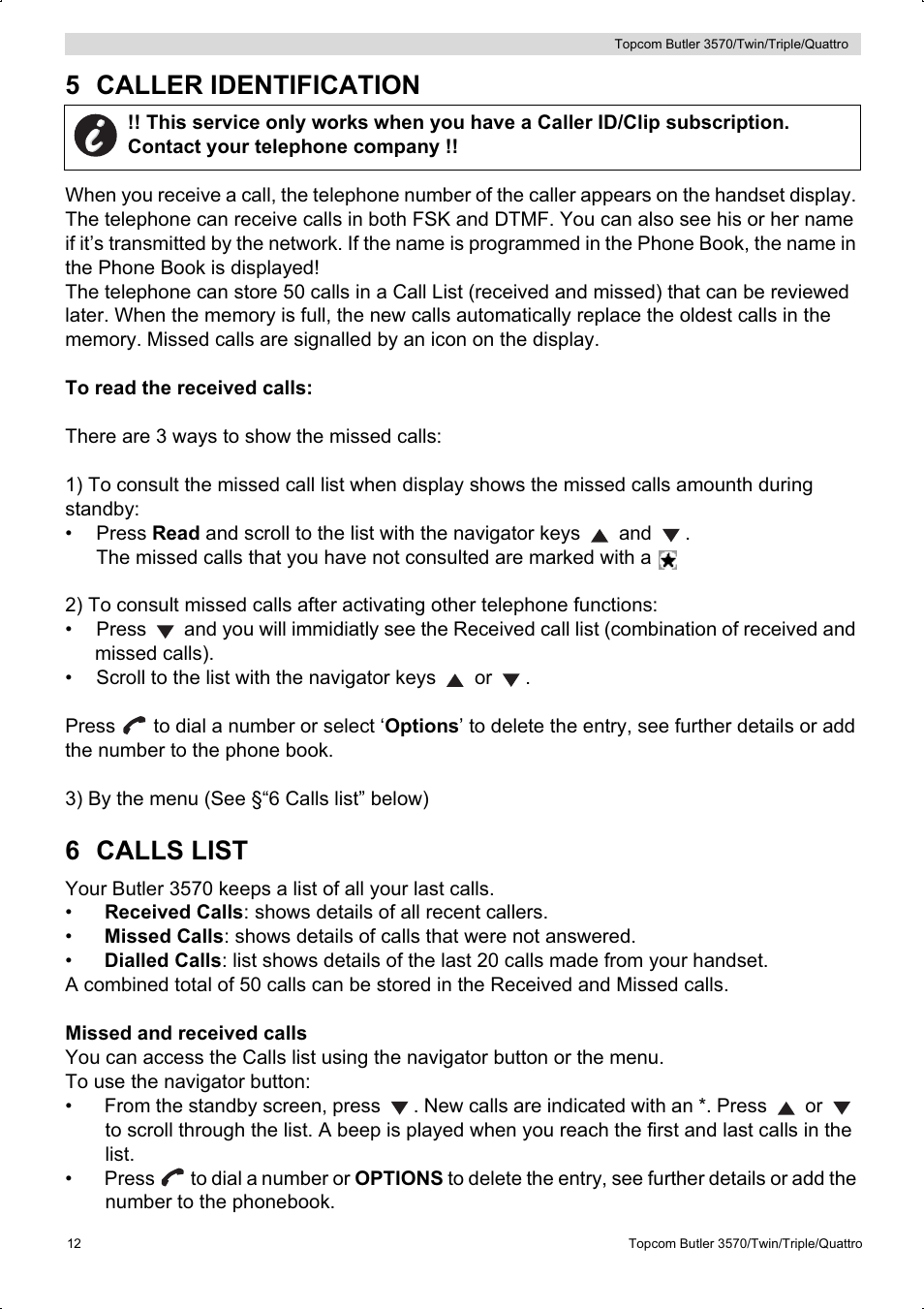 5 caller identification, 6 calls list | Topcom BUTLER 3570 User Manual | Page 12 / 28