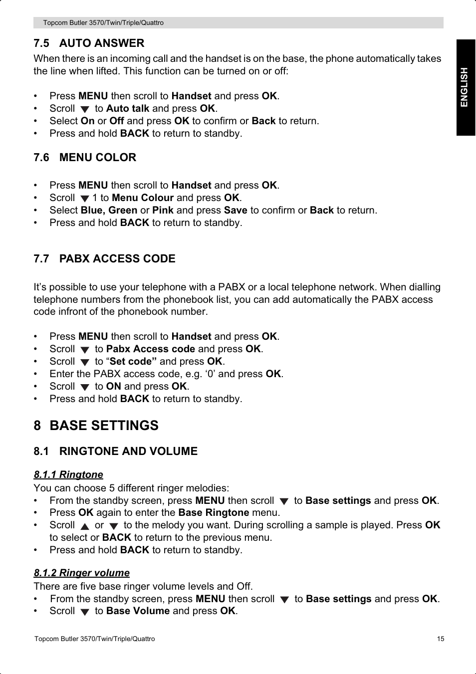 8 base settings | Topcom BUTLER 3570 User Manual | Page 15 / 28