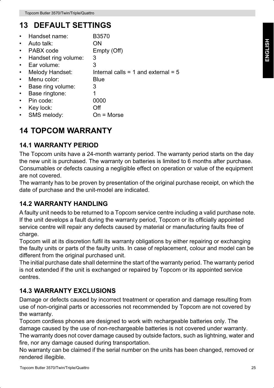 13 default settings, 14 topcom warranty | Topcom BUTLER 3570 User Manual | Page 25 / 28