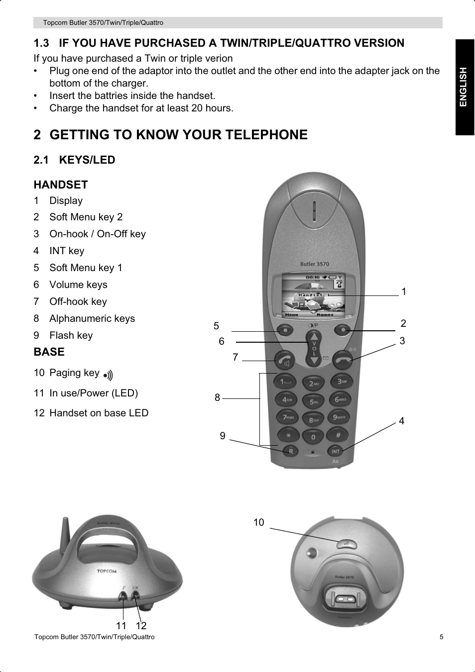 2 getting to know your telephone | Topcom BUTLER 3570 User Manual | Page 5 / 28