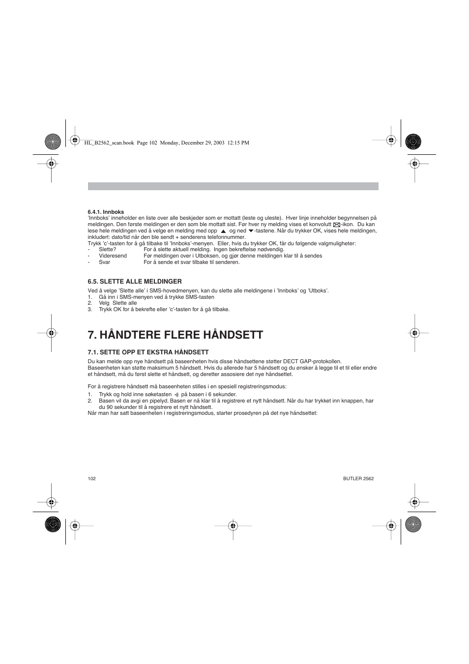 Håndtere flere håndsett | Topcom BUTLER 2562 User Manual | Page 102 / 144