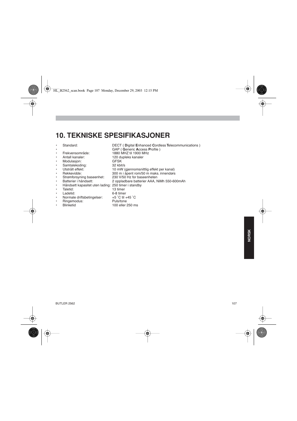 Tekniske spesifikasjoner | Topcom BUTLER 2562 User Manual | Page 107 / 144