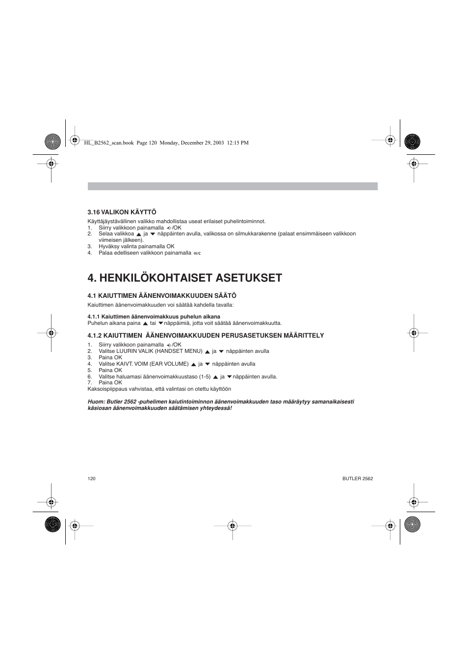 Henkilökohtaiset asetukset | Topcom BUTLER 2562 User Manual | Page 120 / 144