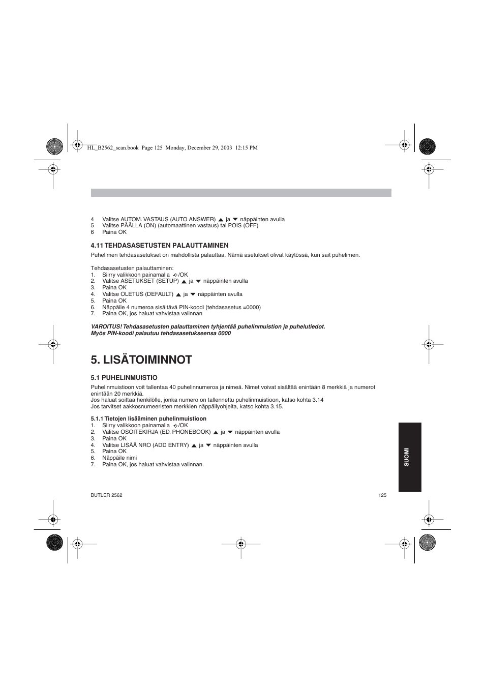 Lisätoiminnot | Topcom BUTLER 2562 User Manual | Page 125 / 144