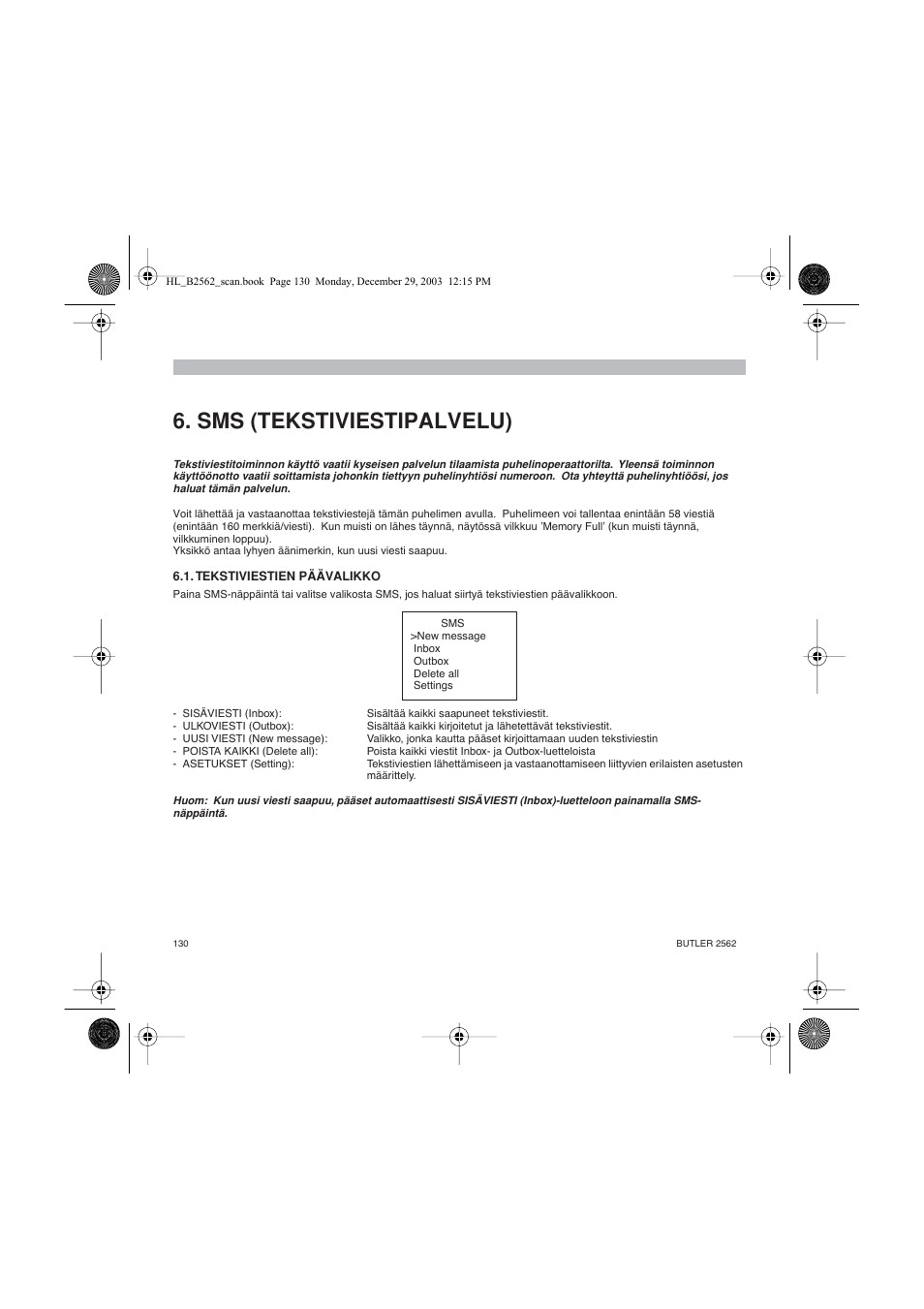 Sms (tekstiviestipalvelu) | Topcom BUTLER 2562 User Manual | Page 130 / 144