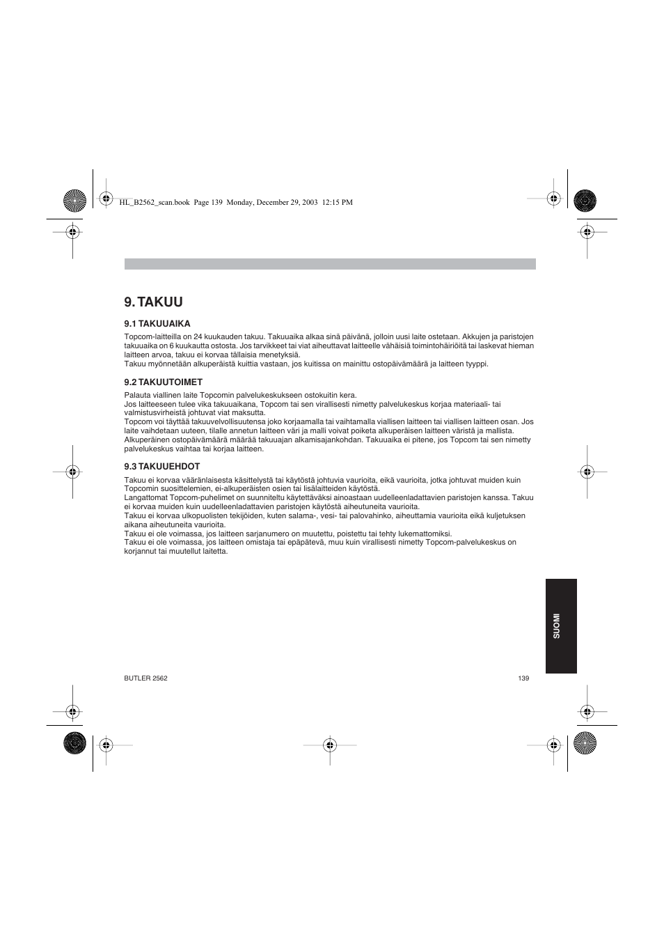 Takuu | Topcom BUTLER 2562 User Manual | Page 139 / 144