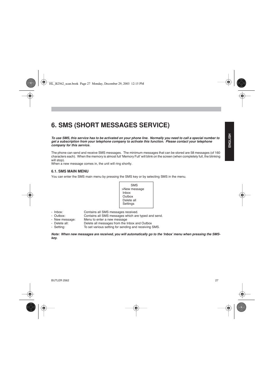 Sms (short messages service) | Topcom BUTLER 2562 User Manual | Page 27 / 144