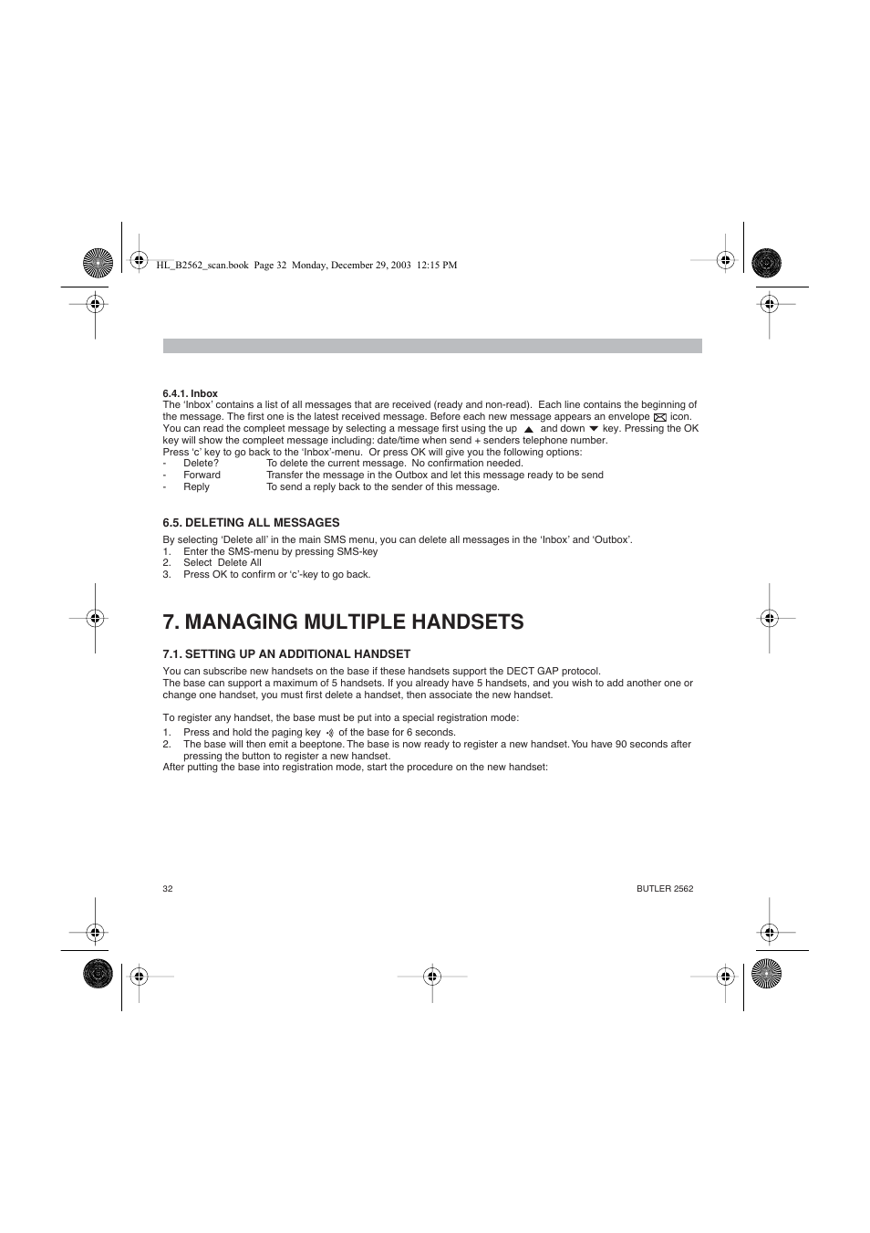 Managing multiple handsets | Topcom BUTLER 2562 User Manual | Page 32 / 144