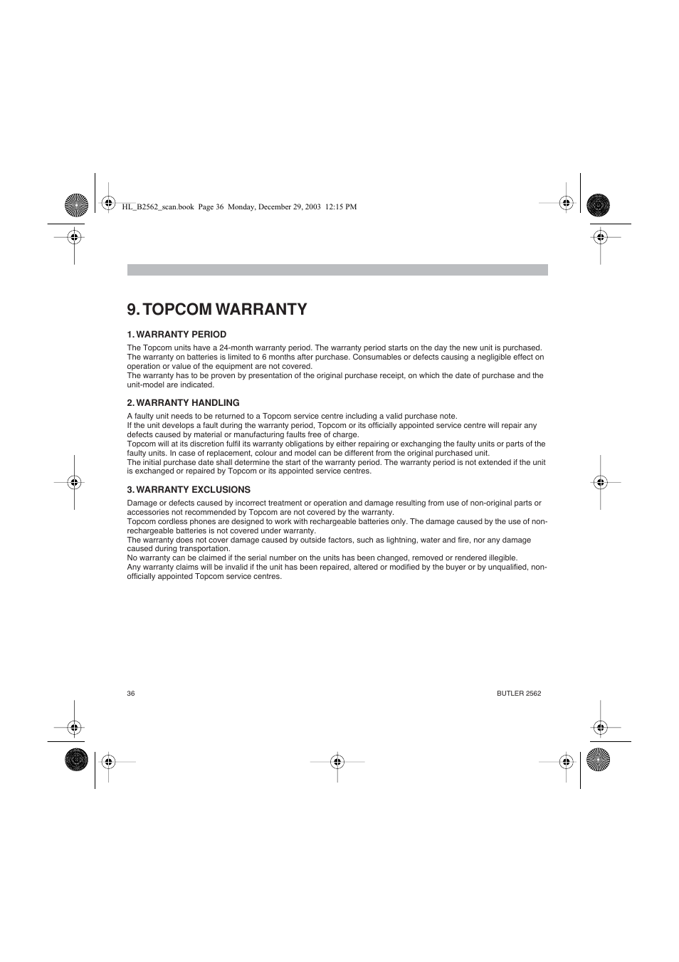 Topcom warranty | Topcom BUTLER 2562 User Manual | Page 36 / 144