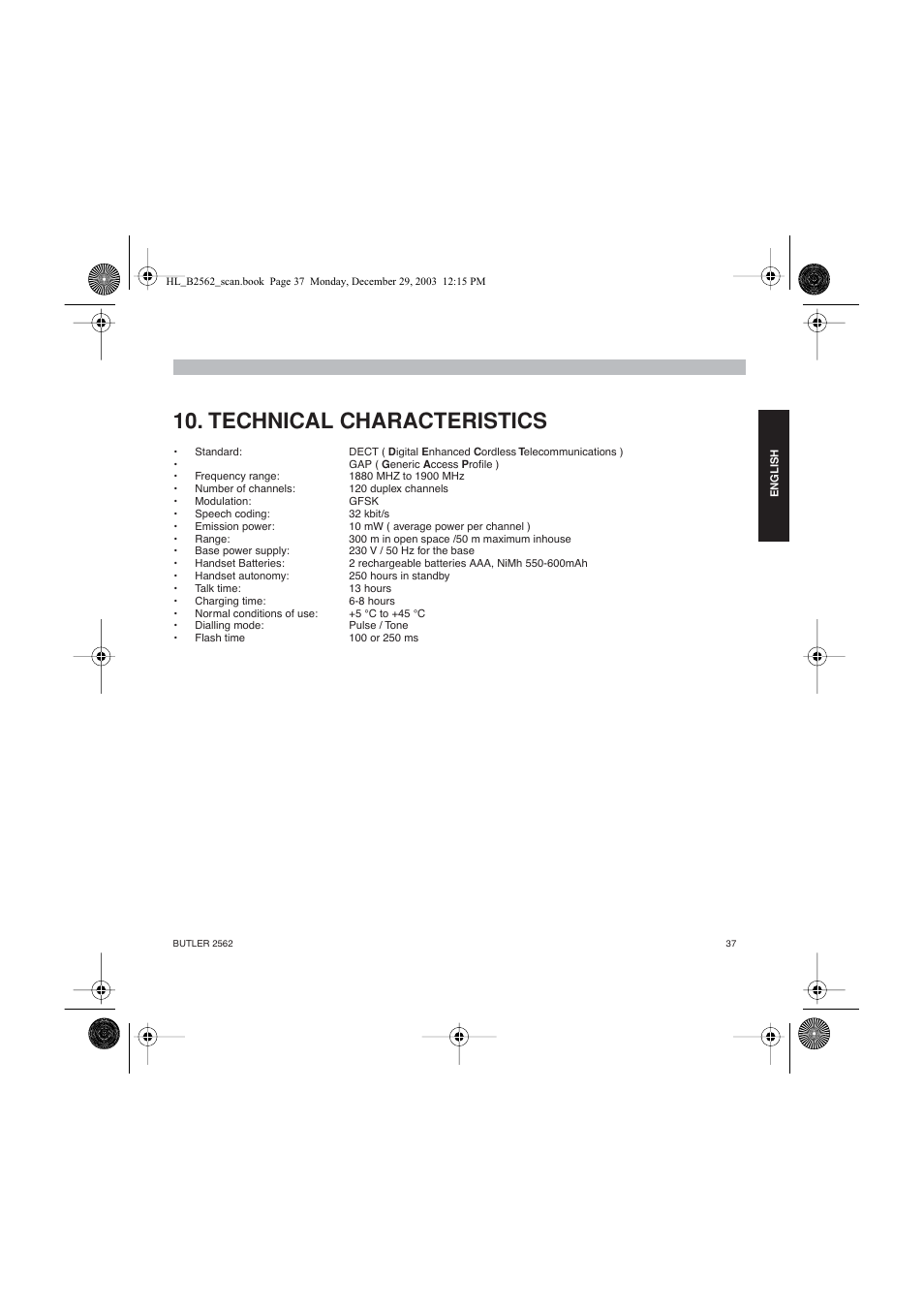 Technical characteristics | Topcom BUTLER 2562 User Manual | Page 37 / 144