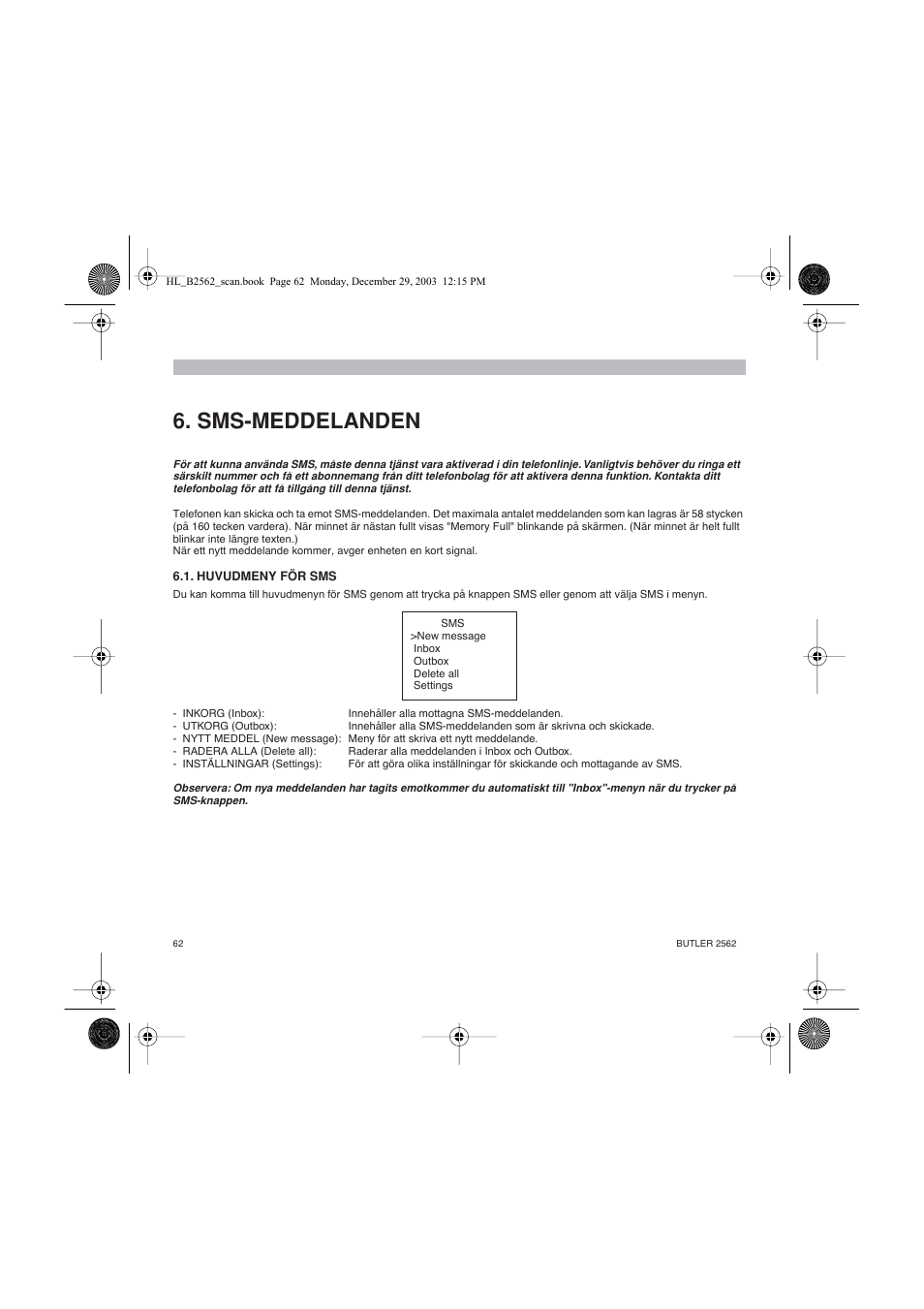 Sms-meddelanden | Topcom BUTLER 2562 User Manual | Page 62 / 144