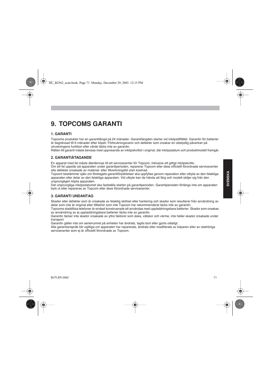 Topcoms garanti | Topcom BUTLER 2562 User Manual | Page 71 / 144