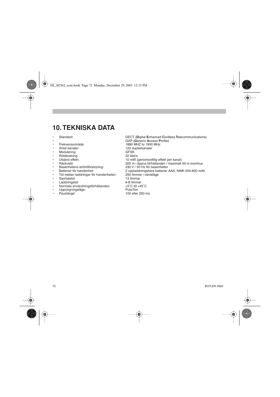 Tekniska data | Topcom BUTLER 2562 User Manual | Page 72 / 144