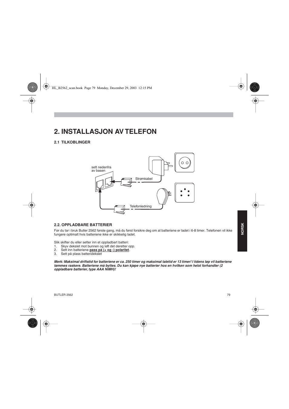 Installasjon av telefon | Topcom BUTLER 2562 User Manual | Page 79 / 144