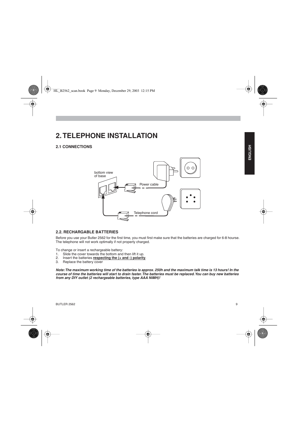 Telephone installation | Topcom BUTLER 2562 User Manual | Page 9 / 144