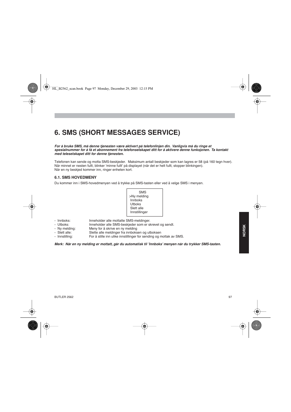 Sms (short messages service) | Topcom BUTLER 2562 User Manual | Page 97 / 144