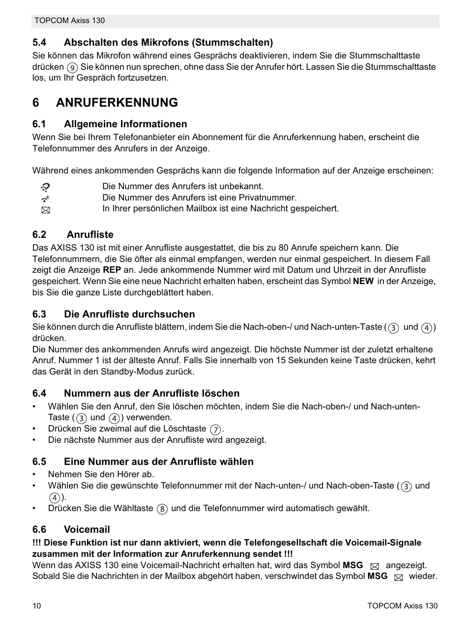 6anruferkennung | Topcom AXISS 130 User Manual | Page 10 / 76