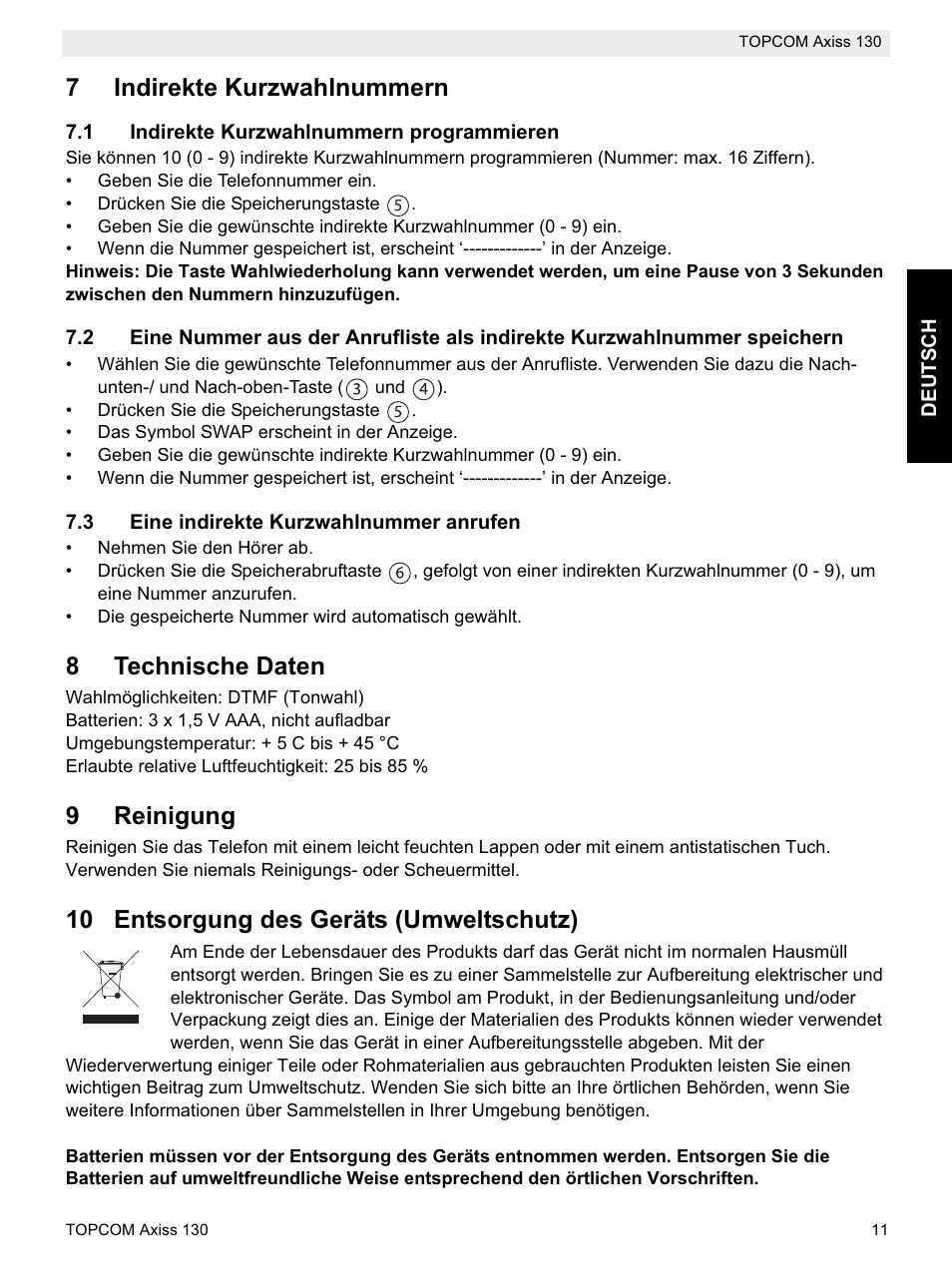 7indirekte kurzwahlnummern, 8technische daten, 9reinigung | 10 entsorgung des geräts (umweltschutz) | Topcom AXISS 130 User Manual | Page 11 / 76