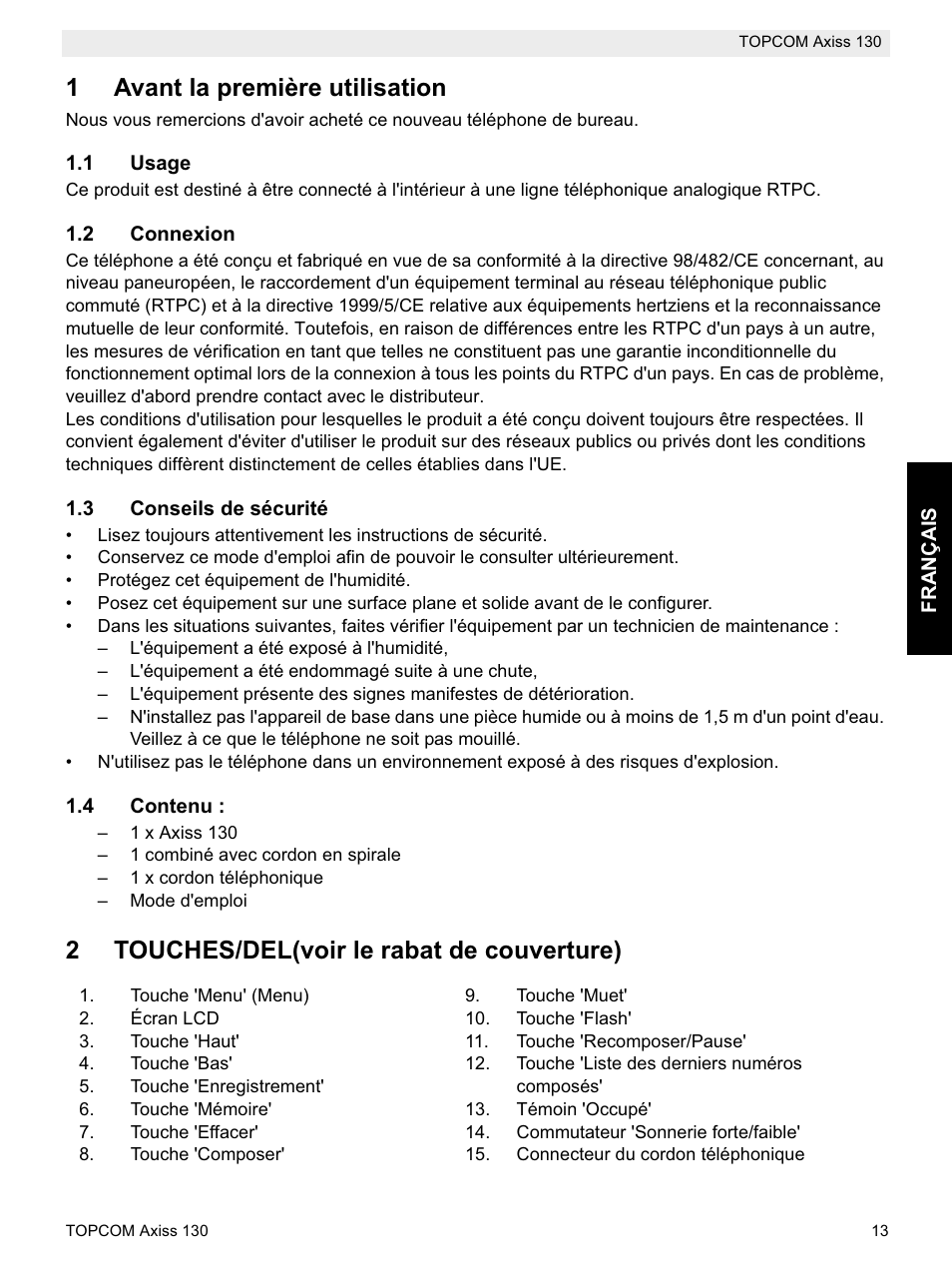 1avant la première utilisation, 2touches/del(voir le rabat de couverture) | Topcom AXISS 130 User Manual | Page 13 / 76