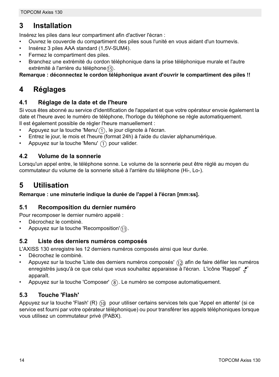 3installation, 4réglages, 5utilisation | Topcom AXISS 130 User Manual | Page 14 / 76