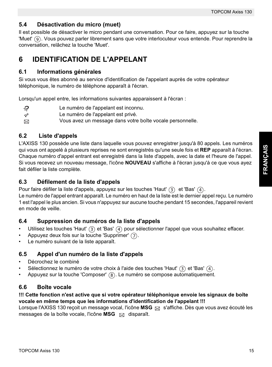 6identification de l'appelant | Topcom AXISS 130 User Manual | Page 15 / 76