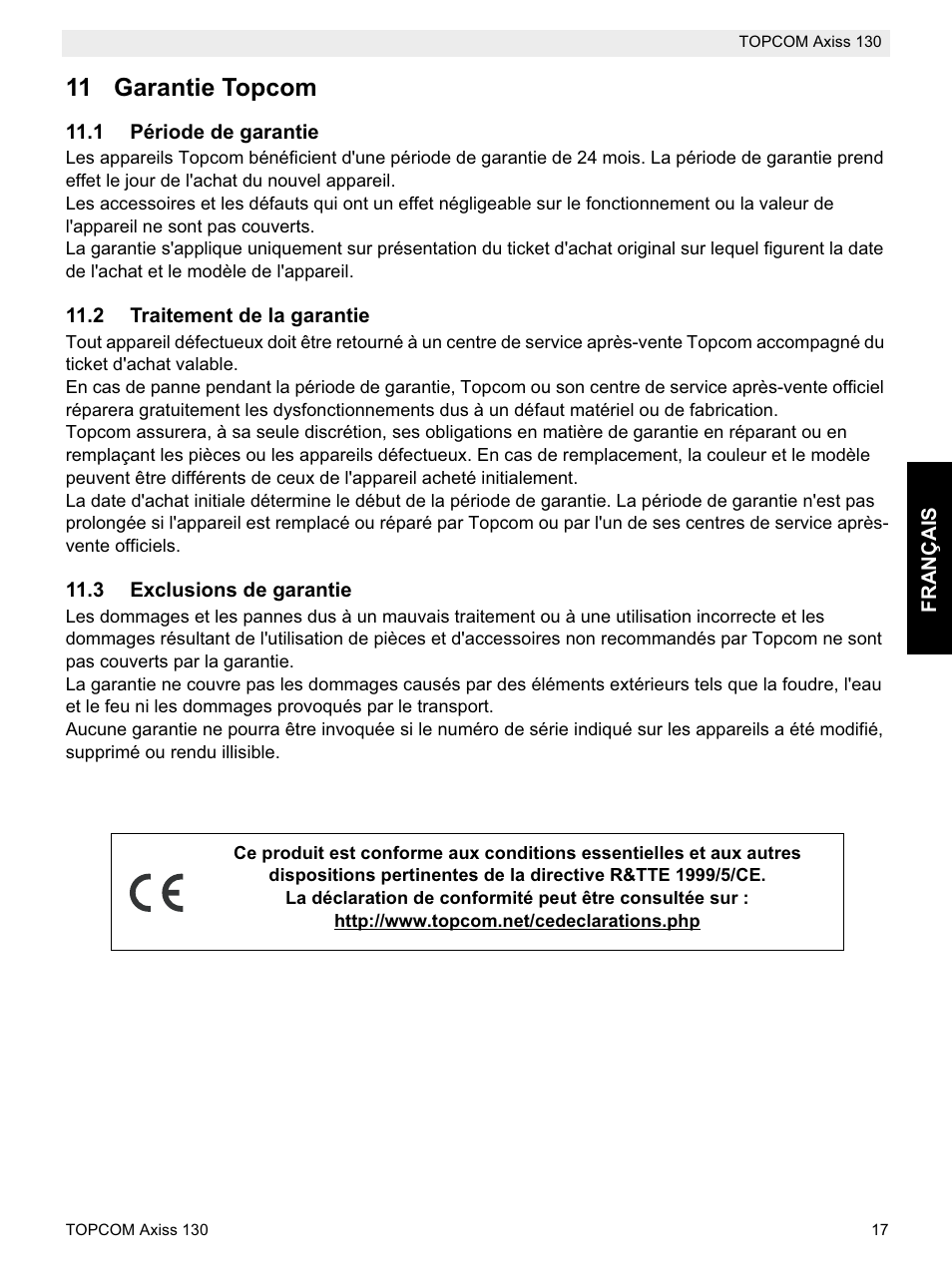 11 garantie topcom | Topcom AXISS 130 User Manual | Page 17 / 76