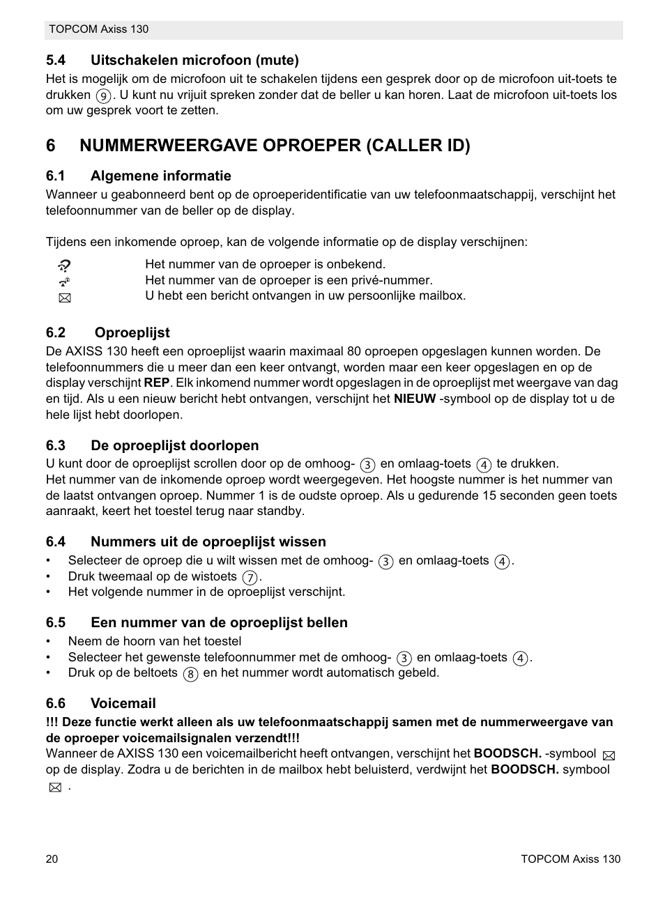 6nummerweergave oproeper (caller id) | Topcom AXISS 130 User Manual | Page 20 / 76