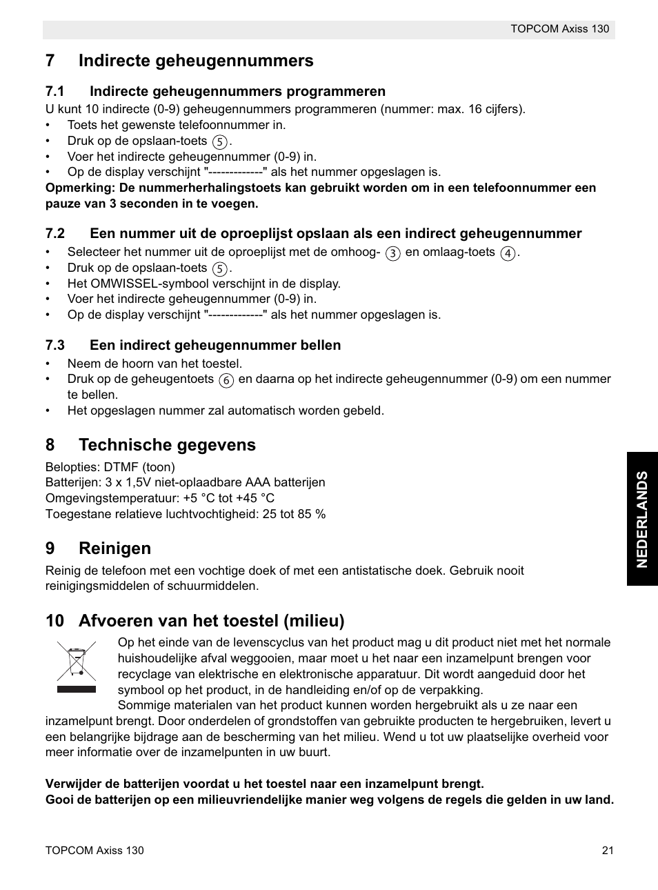 7indirecte geheugennummers, 8technische gegevens, 9reinigen | 10 afvoeren van het toestel (milieu) | Topcom AXISS 130 User Manual | Page 21 / 76