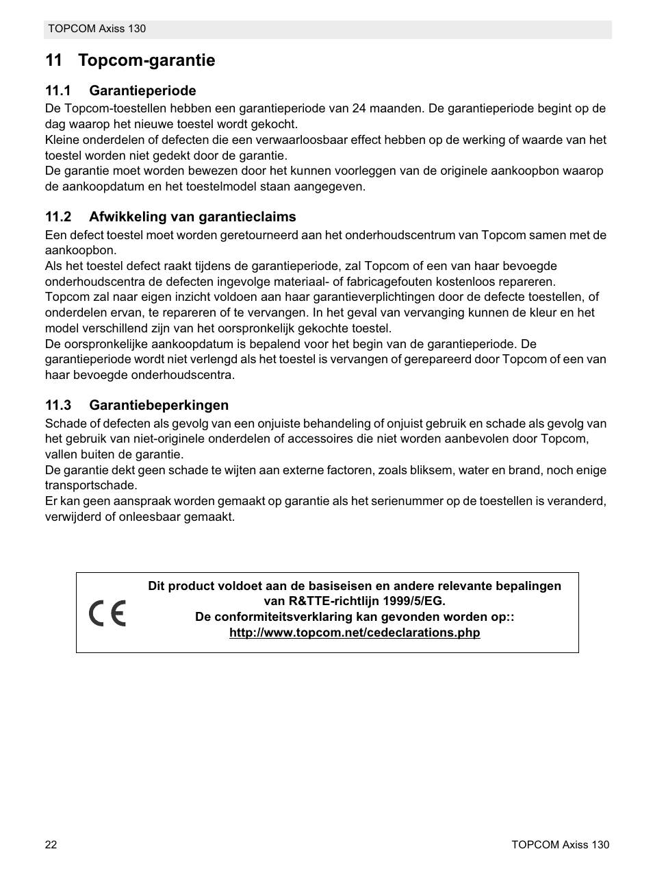 11 topcom-garantie | Topcom AXISS 130 User Manual | Page 22 / 76