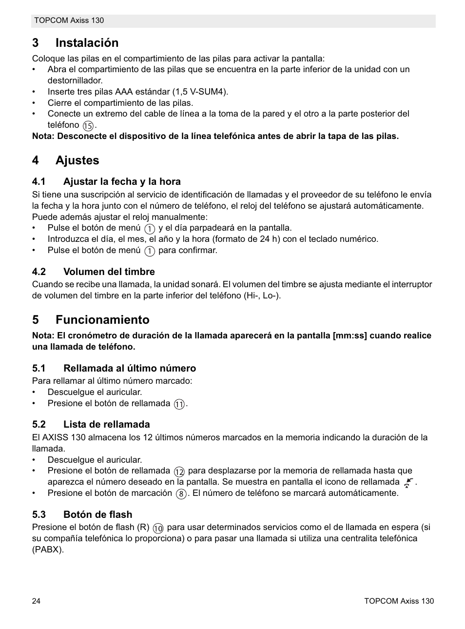 3instalación, 4ajustes, 5funcionamiento | Topcom AXISS 130 User Manual | Page 24 / 76