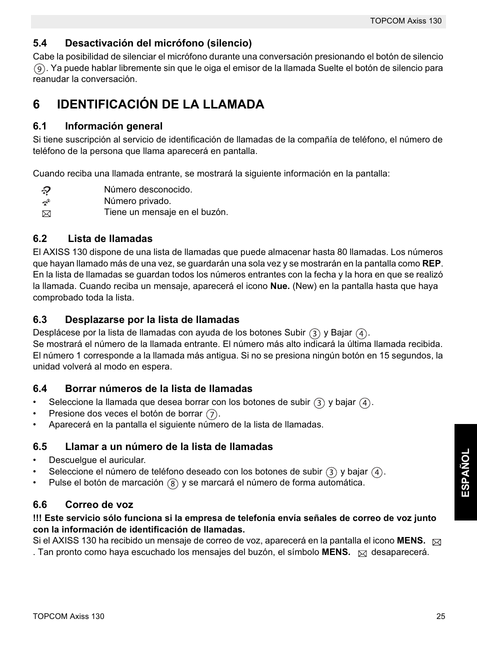 6identificación de la llamada | Topcom AXISS 130 User Manual | Page 25 / 76