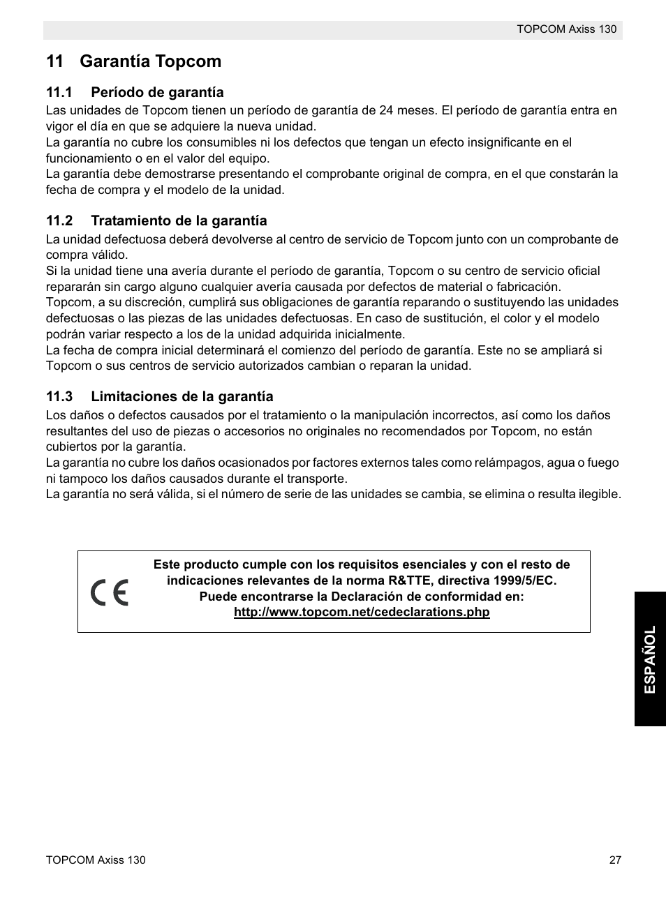 11 garantía topcom | Topcom AXISS 130 User Manual | Page 27 / 76