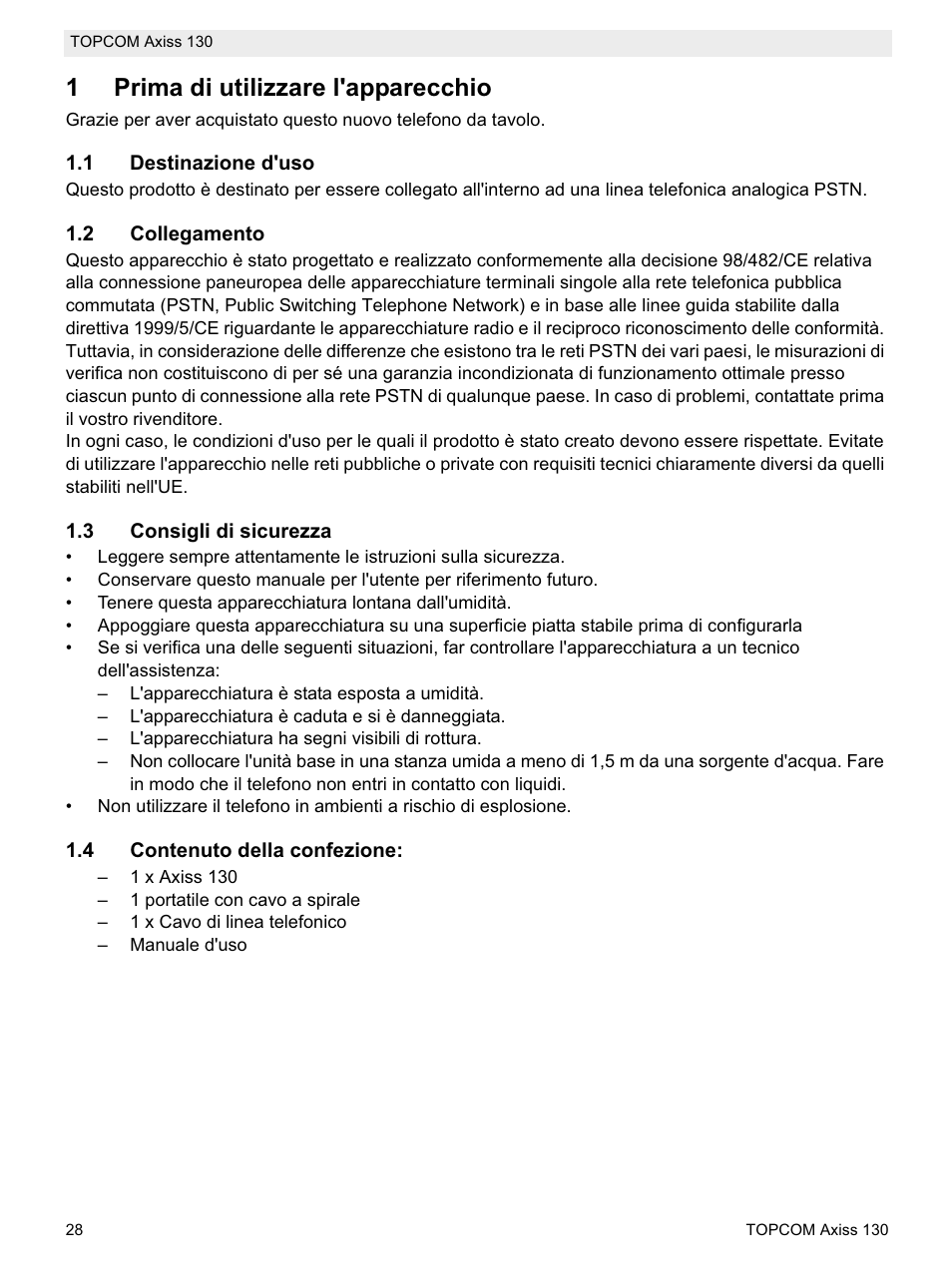 1prima di utilizzare l'apparecchio | Topcom AXISS 130 User Manual | Page 28 / 76