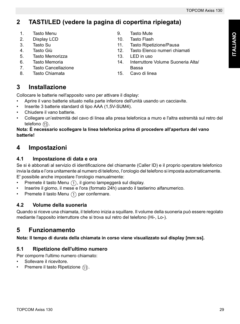 4impostazioni, 5funzionamento | Topcom AXISS 130 User Manual | Page 29 / 76