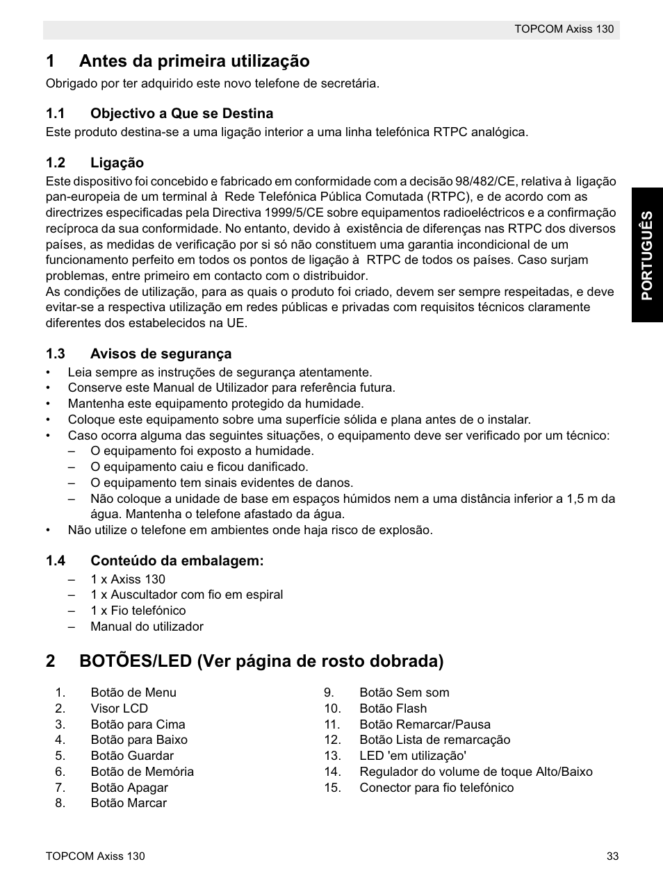 1antes da primeira utilização, 2botões/led (ver página de rosto dobrada) | Topcom AXISS 130 User Manual | Page 33 / 76