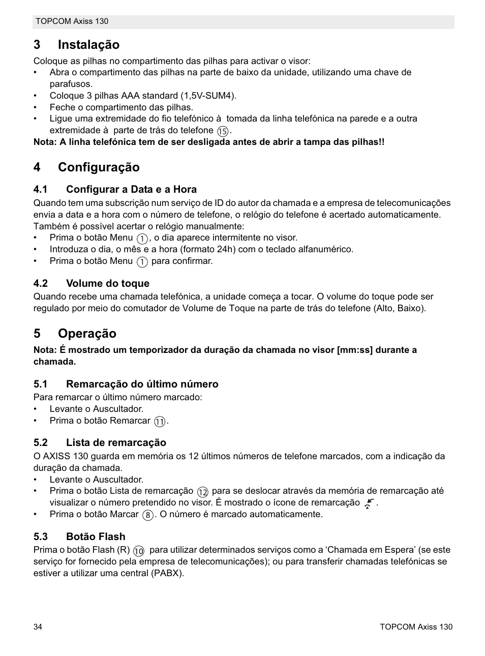 3instalação, 4configuração, 5operação | Topcom AXISS 130 User Manual | Page 34 / 76