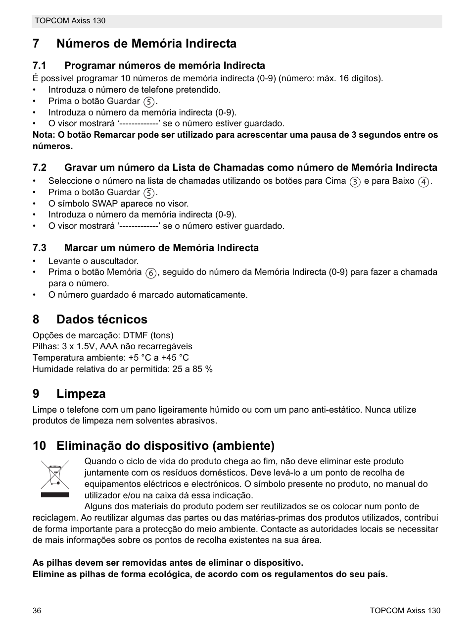 7números de memória indirecta, 8dados técnicos, 9limpeza | 10 eliminação do dispositivo (ambiente) | Topcom AXISS 130 User Manual | Page 36 / 76