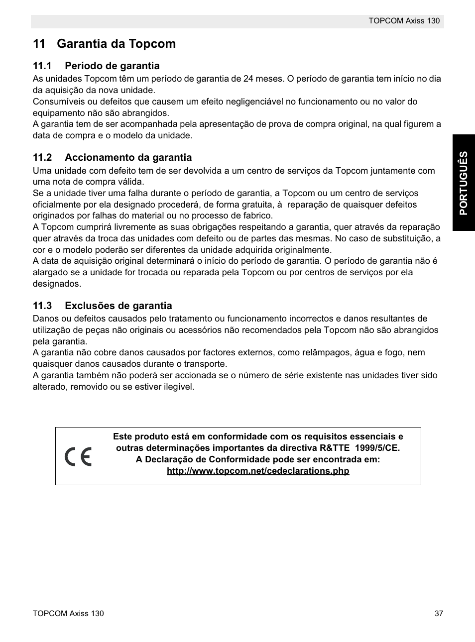 11 garantia da topcom | Topcom AXISS 130 User Manual | Page 37 / 76