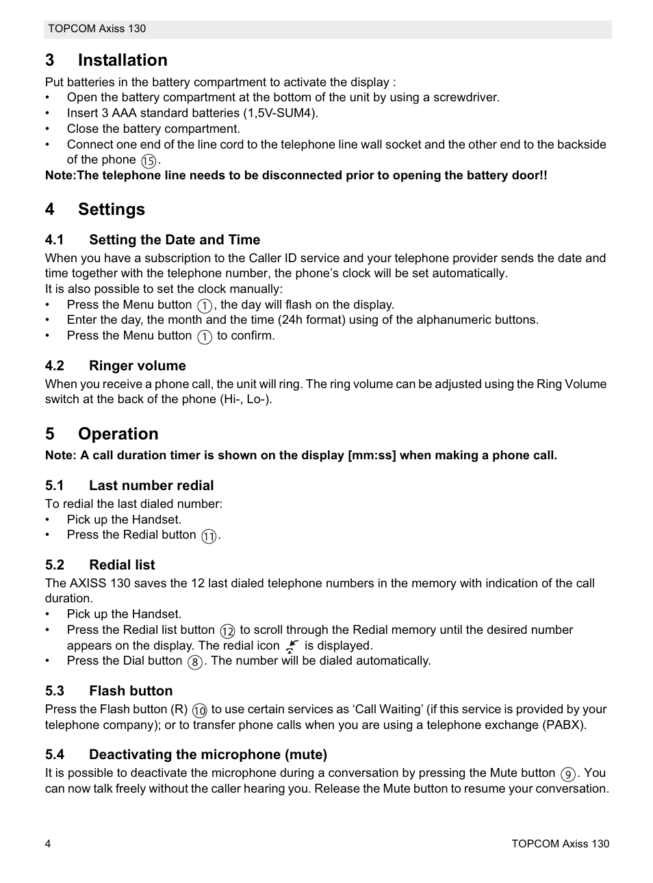 3installation, 4settings, 5operation | Topcom AXISS 130 User Manual | Page 4 / 76