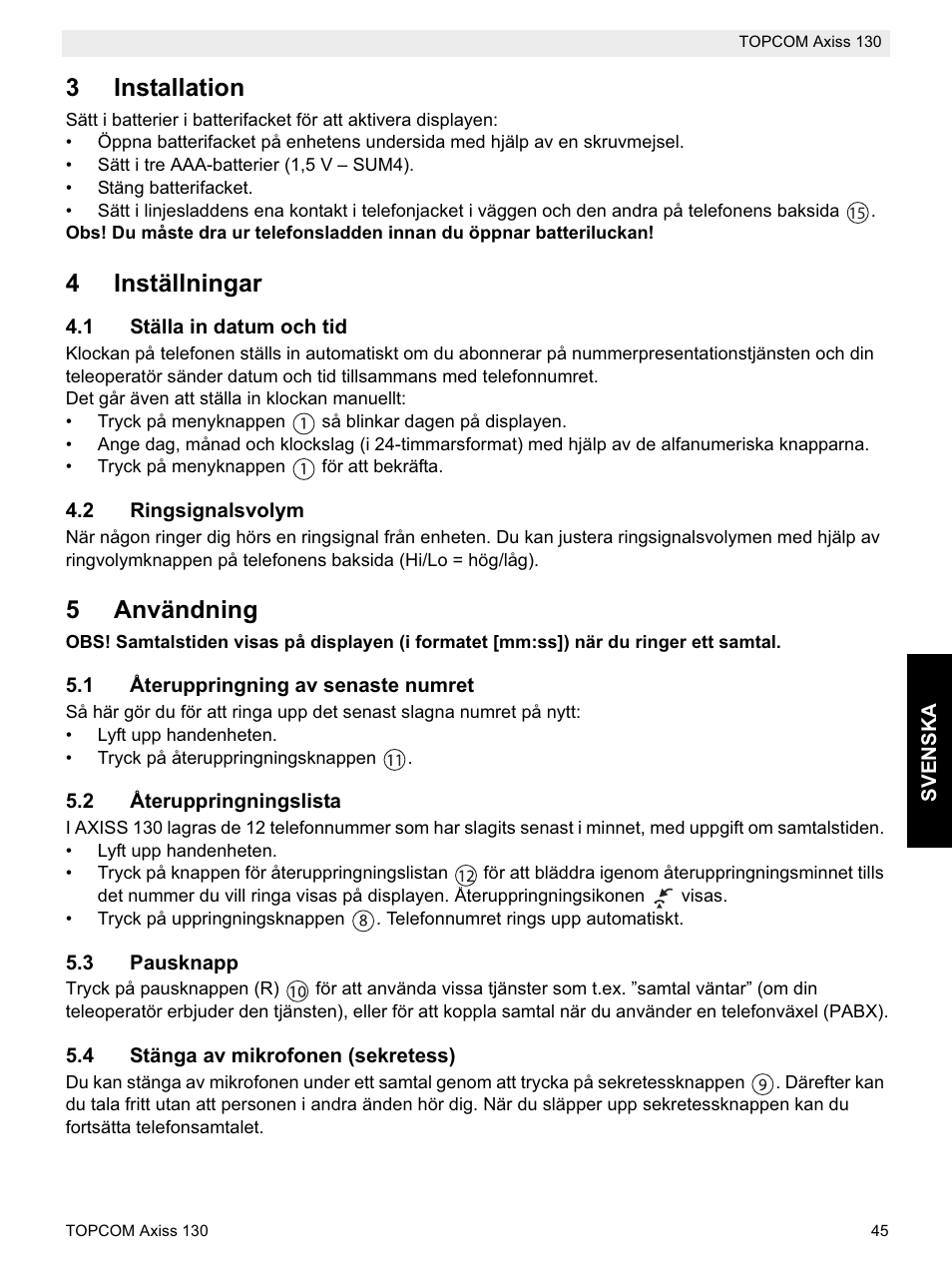 3installation, 4inställningar, 5användning | Topcom AXISS 130 User Manual | Page 45 / 76