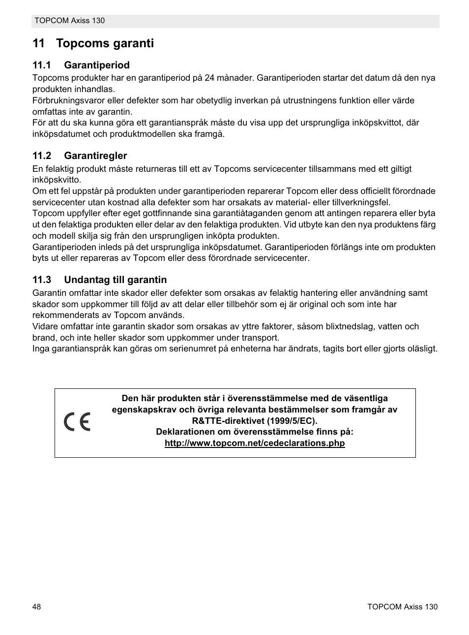 11 topcoms garanti | Topcom AXISS 130 User Manual | Page 48 / 76