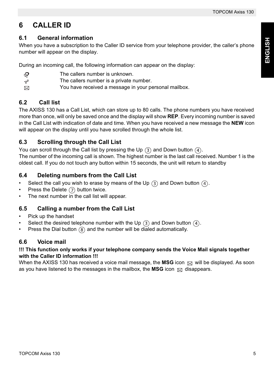 6caller id | Topcom AXISS 130 User Manual | Page 5 / 76